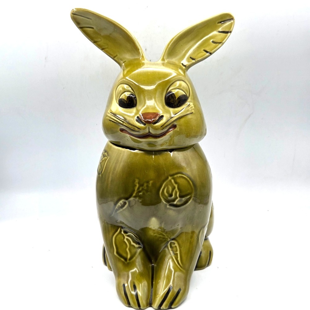 VINTAGE Olive Green Bunny Rabbit Shaped Cookie Jar Doranne of California RETRO